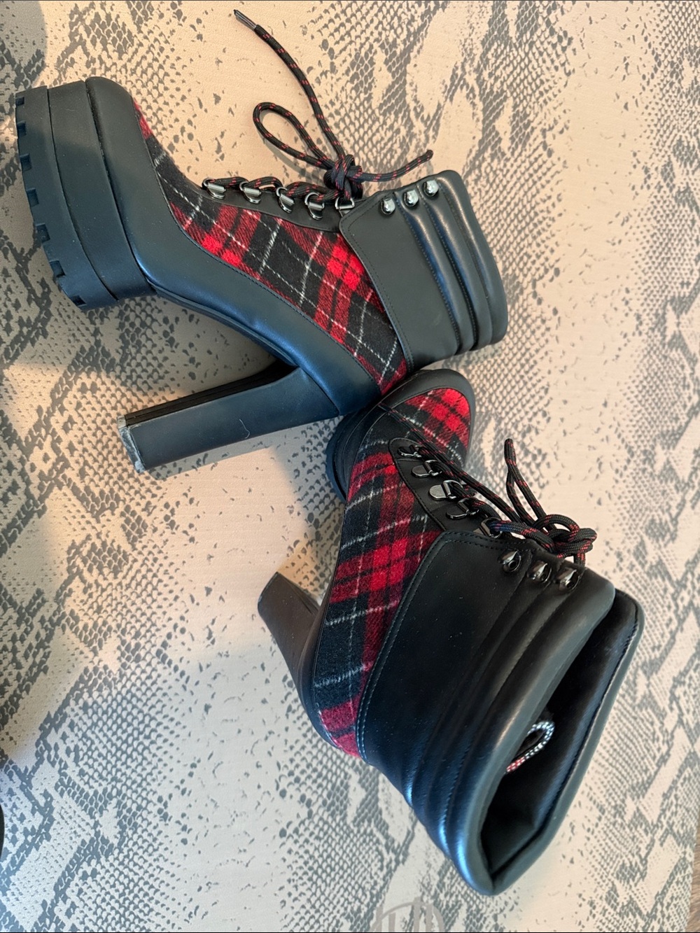 Jessica Simpson Red and Black Plaid Lace-Up Platform Boots